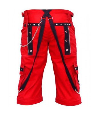 Men Gothic Red Short Black Straps Threads Metal Chain Cyber Short